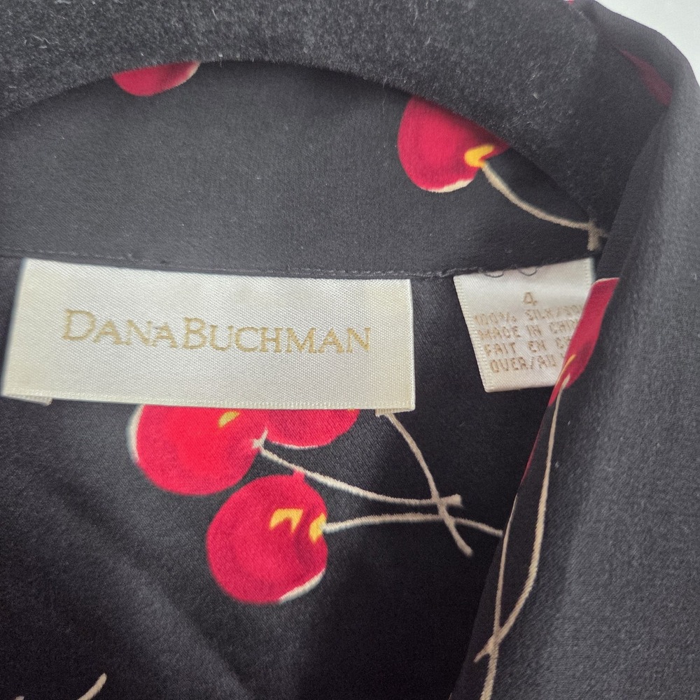 VTG Dana Buchman Womens Blouse Shirt Sz 4 Black Red Cherries Silk LS Retro - Picture 3 of 5